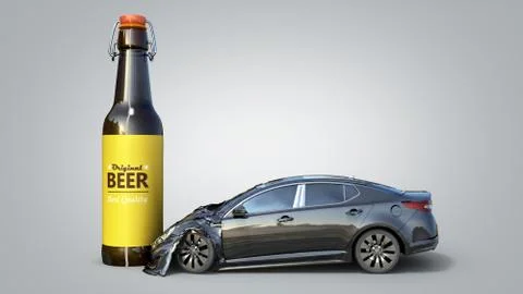 Drunk driving concept car crashed on a bottle 3d render on grey gradient Stock Illustration