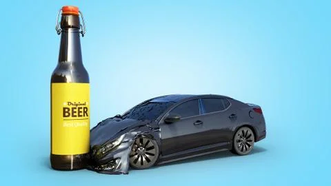 Drunk driving concept car crashed on a bottle 3d render on blue gradient 스톡 일러스트