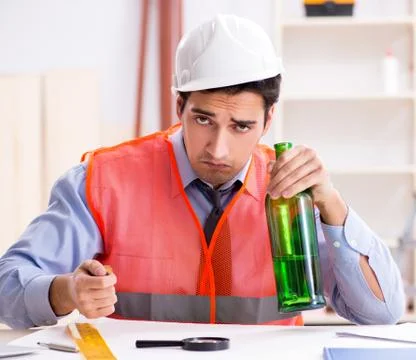 Drunk engineer working in the workshop Stock Photos