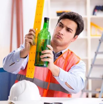 Drunk engineer working in the workshop Stock Photos