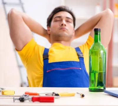 Drunk engineer working in the workshop Stock Photos