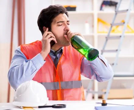 Drunk engineer working in the workshop Stock Photos