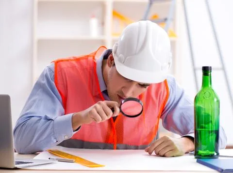 Drunk engineer working in the workshop Stock Photos