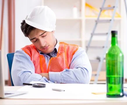 Drunk engineer working in the workshop Stock Photos
