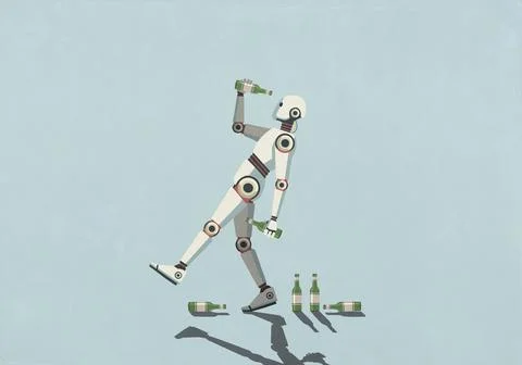 Drunk humanoid robot with beer bottles Stock Illustration