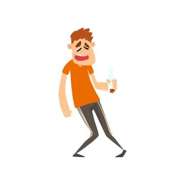 Drunk man with bottle of alcohol drink in his hand, male character drinking Illustrazione stock