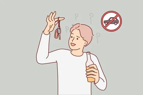 Drunk man driver holding car key and bottle of alcoholic drink about to commit Stock Illustration