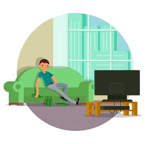 Drunk man sitting on sofa with beer bottles, flat vector illustration. Alcohol Stock Illustration