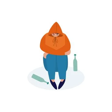 Drunk man sitting surrounded by bottles flat vector illustration. Stock Illustration
