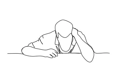 Drunk man sitting at a table. One line drawing vector illustration. Illustrazione stock