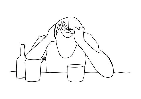Drunk man sitting at a table. One line drawing vector illustration. Illustrazione stock