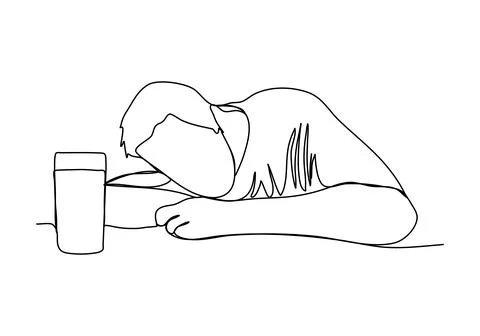 Drunk man sitting at a table. One line drawing vector illustration. Illustrazione stock