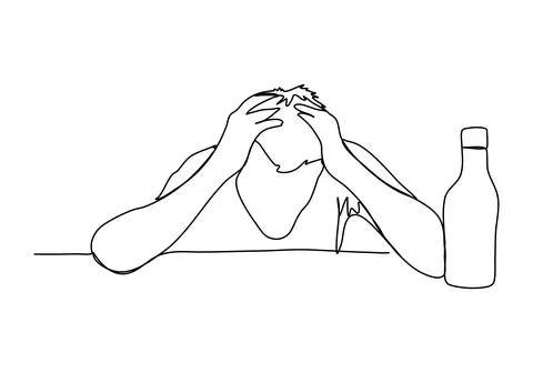 Drunk man sitting at a table. One line drawing vector illustration. Illustrazione stock