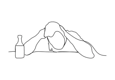 Drunk man sitting at a table. One line drawing vector illustration. Illustrazione stock