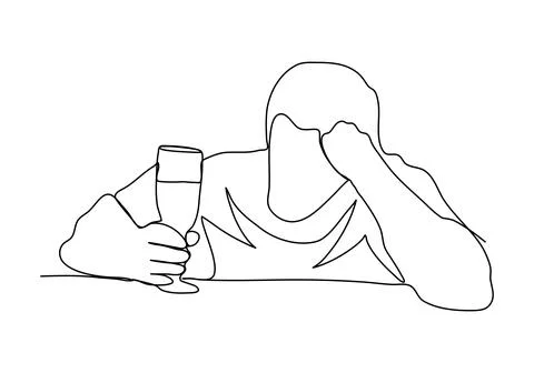 Drunk man sitting at a table. One line drawing vector illustration. Illustrazione stock