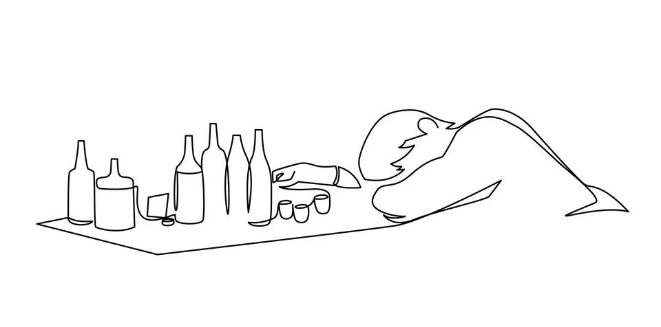 Drunk man sleeping on table full empty alcohol bottle at restaurant or home c Illustrazione stock