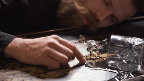 Drunk man smashed glass of whiskey,rowdy behind bar,spilled alcohol Stock Footage 129801199