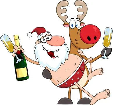 Drunk Naked Santa Claus And Reindeer Cartoon Characters Stock Illustration