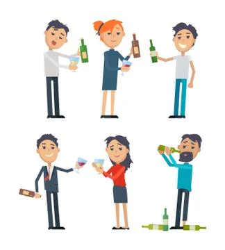 Drunk People with Alcohol Flat Vectors Set Stock Illustration