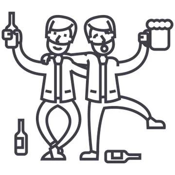 Drunk people,drunk party,two men drinking vector line icon, sign, illustratio Illustrazione stock