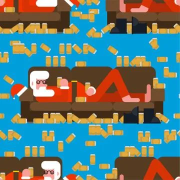 Drunk Santa sleeping on couch pattern seamless. Alcohol for the new year back Stock Illustration