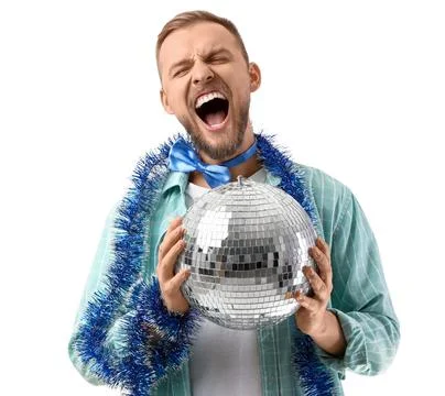Drunk young man with disco ball shouting after party on white background Stock Photos