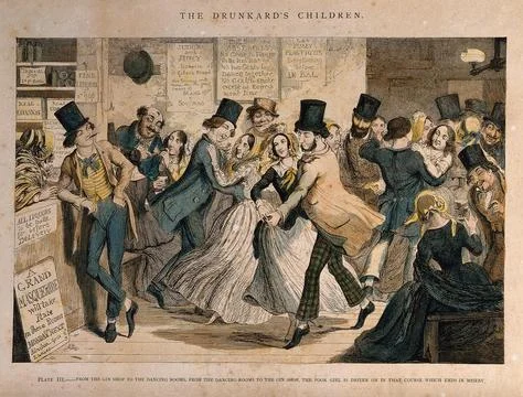 A drunken scene in a dancing hall with a sly customer eyeing a girl. Colour.. Stock Illustration