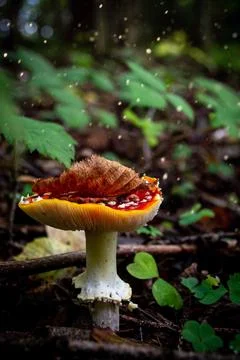 A dry autumn leaf of a tree lies on a fly agaric cap Stock Photos