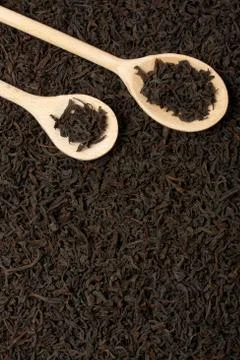 Dry black tea leaves texture background with wooden spoons. Stock Photos