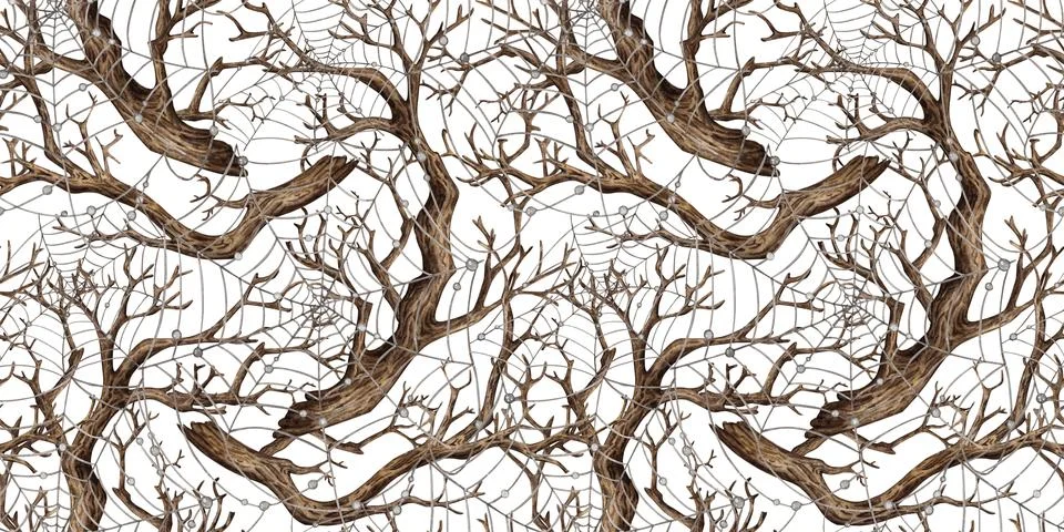 Dry branches and cobwebs pattern watercolor Stock Illustration