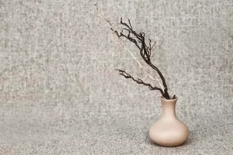 Dry branches dark and light in a clay jug on the background of the canvas - s Stock Photos