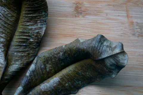 Dry brown Leaf isolated on rustic wooden background. Climate change concept Stock Photos