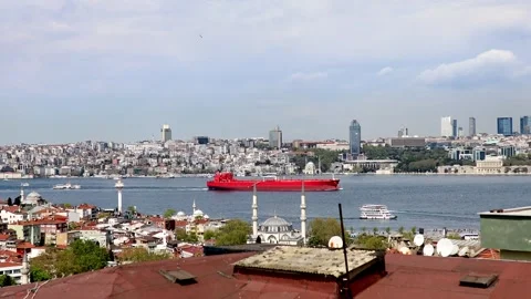 Dry cargo sails across the Bosphorus strait in Istanbul, Turkey Stock Footage 316894634