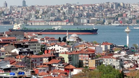 Dry cargo sails across the Bosphorus strait in Istanbul, Turkey Stock Footage 316894643