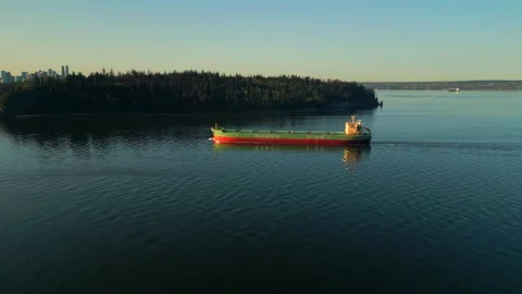 A dry cargo ship passes under the Lions Gate Bridge at dawn. Vancouver, Canada Stock Footage 276362745