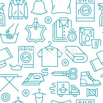 Dry cleaning, laundry blue seamless pattern with line icons