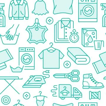 Dry cleaning, laundry blue seamless pattern with line icons. Laundromat service Stock Illustration