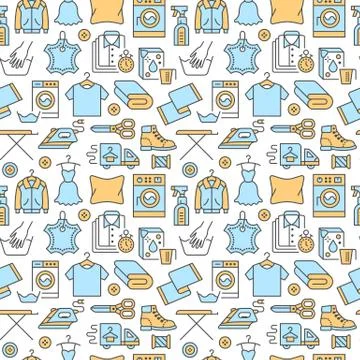 Dry cleaning, laundry blue seamless pattern with line icons. Laundromat service Stock Illustration