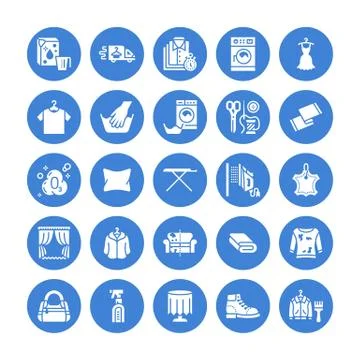 Dry cleaning, laundry flat glyph icons. Launderette service equipment, washer Stock Illustration