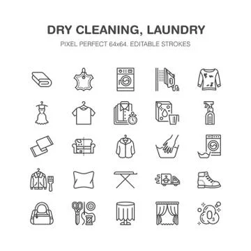 Dry cleaning, laundry flat line icons. Launderette service equipment, washer Stock Illustration