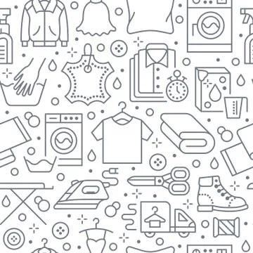 Dry cleaning, laundry seamless pattern with line icons. Laundromat service Stock Illustration