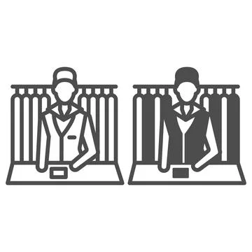 Dry cleaning worker behind pick up counter line and solid icon, dry cleaning Stock Illustration