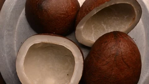 Dry Coconut Half Pieces Rotating Top View, Coconut Shell Texture Stock Footage 328388508