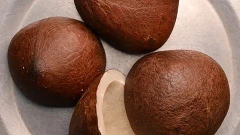 Dry Coconut Half Pieces Rotating Top View, Coconut Shell Texture Stock Footage 328388577
