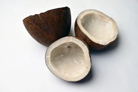 Dry Coconut Texture on White Background Angled Top View with Defocus Macro .. Stock Photos