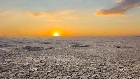 Dry cracked earth at the sunset time lapse scene Stock Footage 308381446