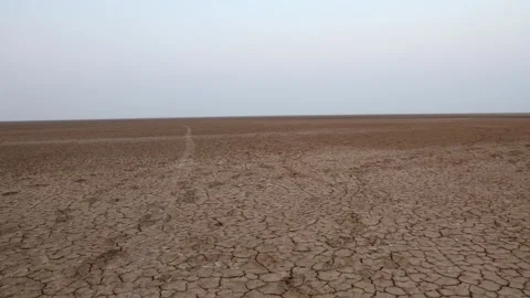 Dry cracked farm fields with bright sky at morning Stock Footage 301331230
