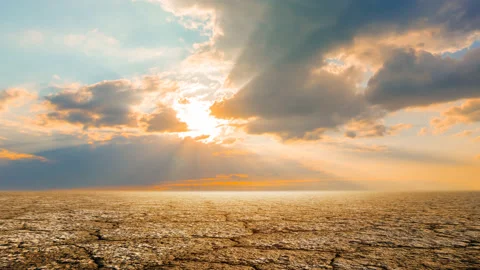 Dry cracked saline land at the dramatic sunset Stock Footage 146689732