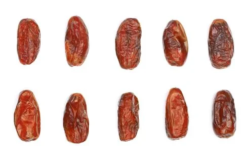 Dry dates isolated on white background. Top view. Flat lay pattern. Set or Stock Photos