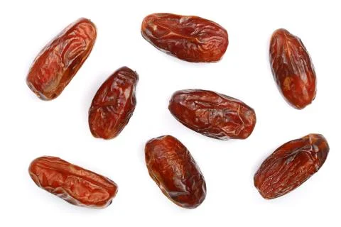Dry dates isolated on white background. Top view. Flat lay pattern Stock Photos